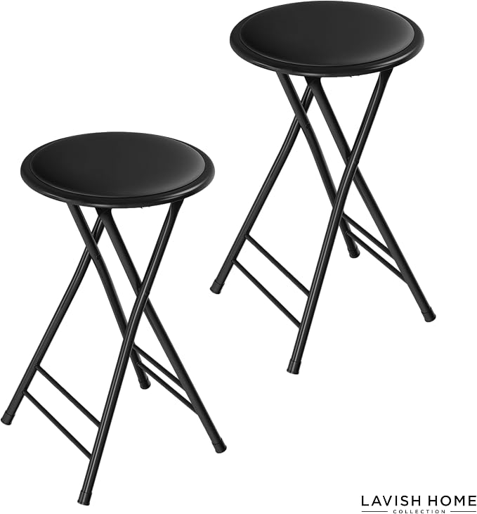 Lavish Home Folding Stool with Padded Backless Seat Set of 2, Black, 24” | Counter Height Bar Stools with 225lb Capacity, Portable Indoor & Outdoor, Extra Seat for Kitchen, Rec Room or Camping