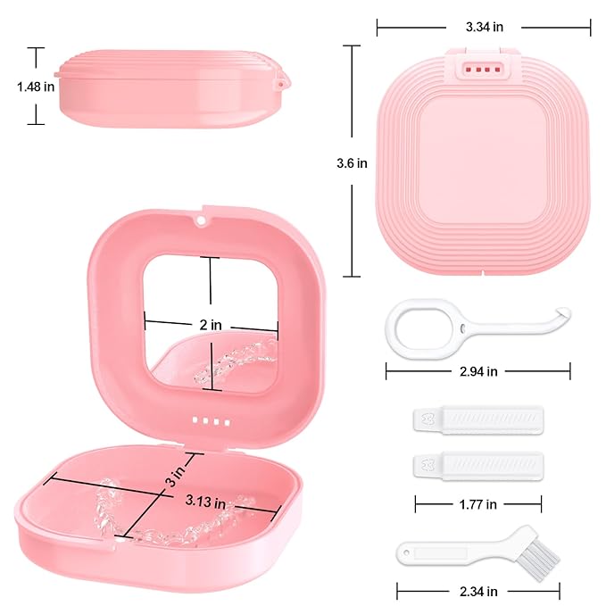 Retainer Case with Mirror and Vent Holes, Cute Retainer Holder Case Compatible with Invisalign, Aligner and Night Guard Case, Slim Retainer Case with Retainer Removal Tool, Chewies & Brush (Pink)