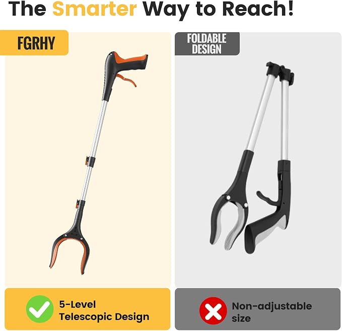 Telescopic Grabber Reacher Tool, 5-Level Adjustable (23" to 41") - Extendable Gripper and Reaching Tool, Heavy Duty Pick Up Stick Grabbers for Elderly, Surgery Recovery Must Haves (Orange)