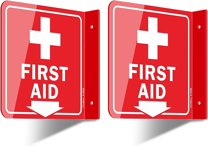 GicnKeuz First Aid Sign, 6" x 6" First Aid with Cross Symbol, Two-Sided Acrylic L-Sign for Business or Office or Wall Décor, Including Screws, Easy to Install (2 Pack)