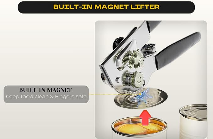 Heavy Duty Can Opener with Magnet – Commercial Can Opener Manual for Seniors & Arthritis - Hand Held, Folding Knob, Smooth Edge, Works on #10 Cans, for Restaurants