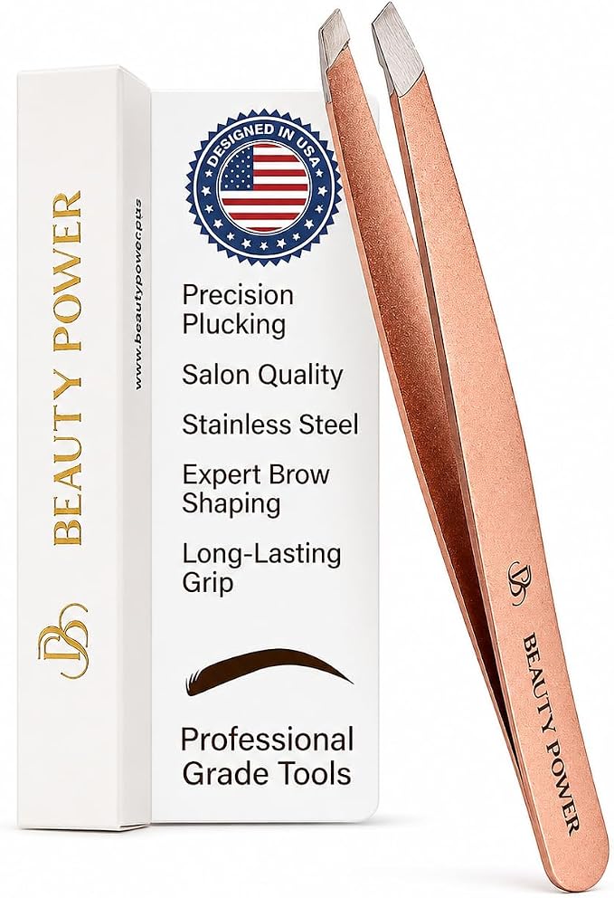 Beauty Power Slant Tip Precision Tweezers - Stainless Steel Eyebrow Tweezers for Women & Men - Precision Tweezers for Facial Hair, Ingrown Hair & Brow Shaping - Professional Beauty Tool (Rose Gold)