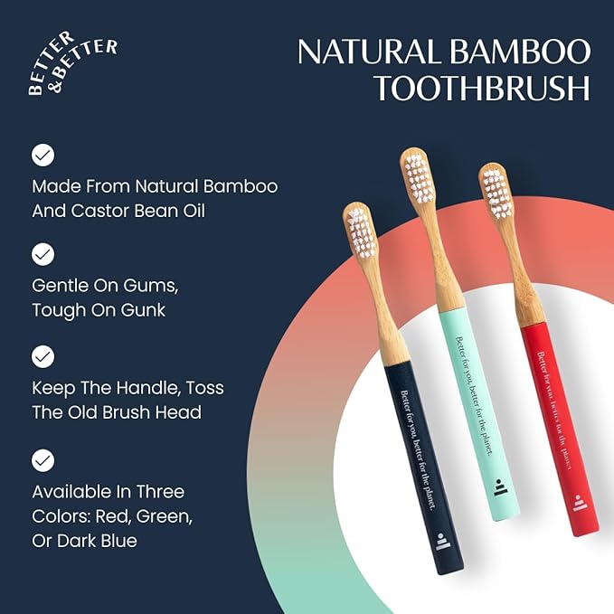 Better & Better Natural Bamboo Toothbrush for Kids | Extra Soft Bristle Toothbrush | 100% Plant-Based | Reusable Handle, Replaceable Brush Head | Eco-Friendly, Zero Plastic (Red)