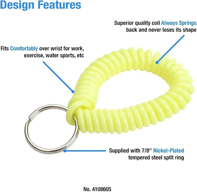 Lucky Line 2” Spiral Wrist Coil with Steel Key Ring, Flexible Wrist Band Key Chain Bracelet, Stretches To 12”, Neon Yellow, 5 Pack (4108605)