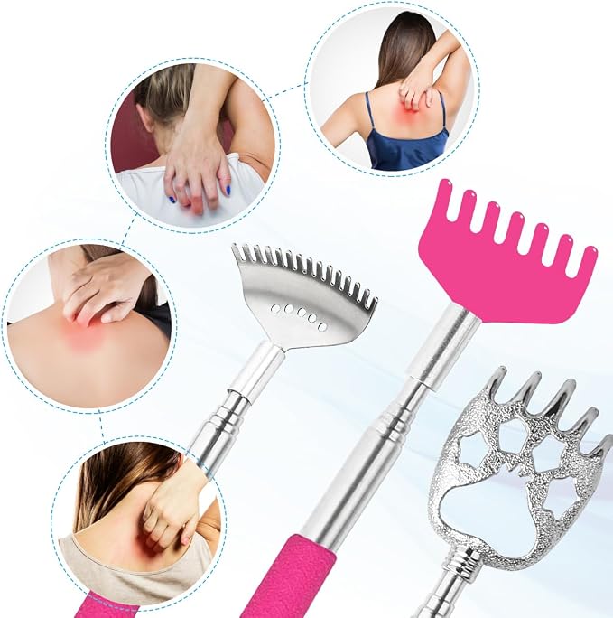 Yeipis 3 Pack Different Back Scratcher Metal Portable Telescoping Back scratchers with Rubber Handles, Extendable Back Massager Tool, Great Stocking Stuffers for Men Women Kids Adults（Pink）