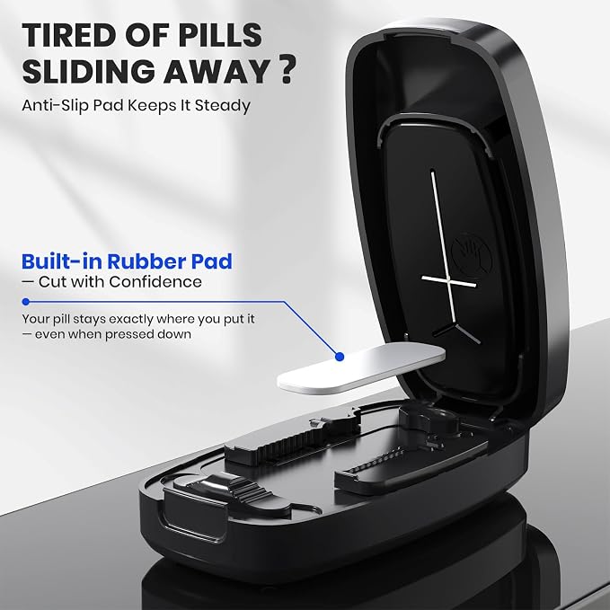 Pill Cutter Splitter for Small and Tiny Pills, Anti-Slip Silicone Pad Holds Pills Steady, Adjustable Pill Cutter for Accurate 1/2 1/3 1/4 Cutting, Sharp Stainless Steel Blade with Safety Guard