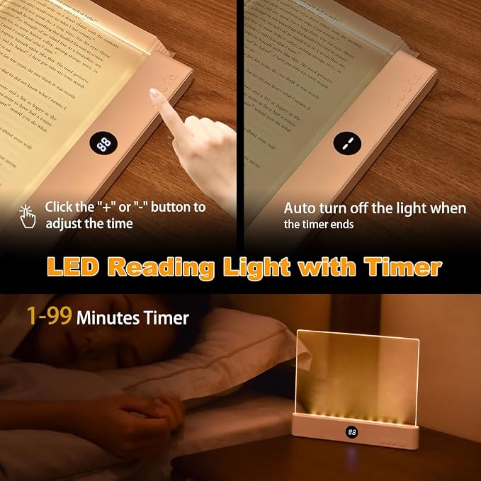 Book Light, Rechargeable Clear LED Flat Reading Light with 3 Colors & Timer, Dimmable Panel Plate Lamp Book Full Page Light for Reading in Bed at Night, Funny Gifts for Readers Kids Women Men (White)