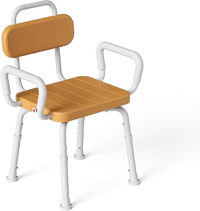 360° Swivel Shower Chair with Removable Arms, Adjustable Height Rotating Shower Chair for Inside Shower for Seniors and Disabled，Tool-Free 3-Min Assembly，Brown