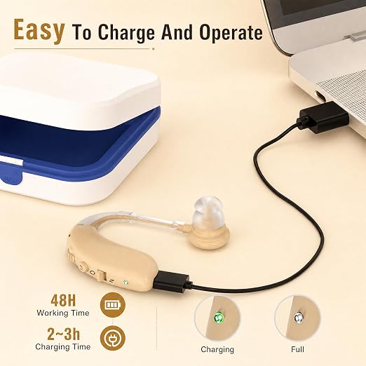OTC Hearing Aids for Senior, Rechargeable Hearing Aids with Noise Cancelling, Behind-The-Ear Hearing Amplifier for Adults Hearing Loss with Volume Control (Brown)