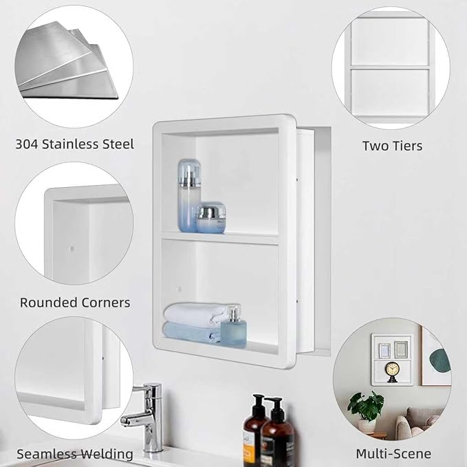 Shower Niche 14x18, Recessed Medicine Cabinet Without Mirror, 304 Stainless Steel Bathroom Storage Cabinet with Shelf, Waterproof Wall Niche for Bathroom in Matte White