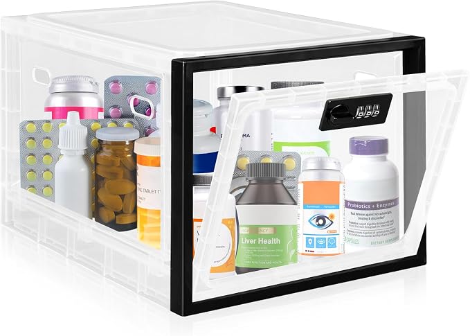 Medicine Lock Box for Safe Medication, Premium Material Lockable Storage Box Locking Organizer Bin with Combination Code for Fridge Food/Snacks/Phone/Tablet Jail/Home/Office Storage Lockers