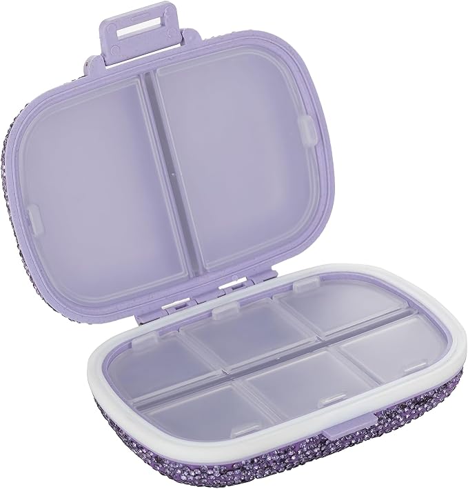 Bling Travel Pill Organizer Cute Pill Box with Labels Rhinestone Pill Case for Purse Portable Daily Pill Container 7 Day Medicine Holder for Vitamin Supplement(Purple)