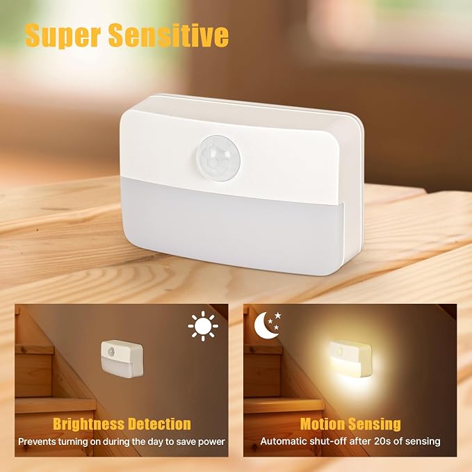 Guankai 3 Pack Motion Sensor Stair Light for Indoor, Battery Operated Closet Lights, Wireless Stick on Anywhere Hallway Lamp, Portable Led Night Lamps for Bedroom Under Cabinet Kitchen