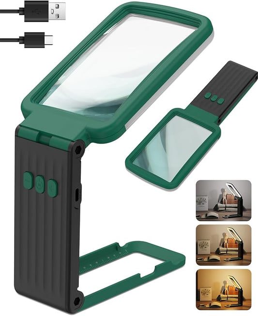15X Magnifying Glass with Light and Stand, Rechargeable Folding Handheld Real Glass Magnifier, 3 Color Modes Dimmable Lighted Page Magnifying Sheet for Seniors Low Vision Small Prints - Green Black