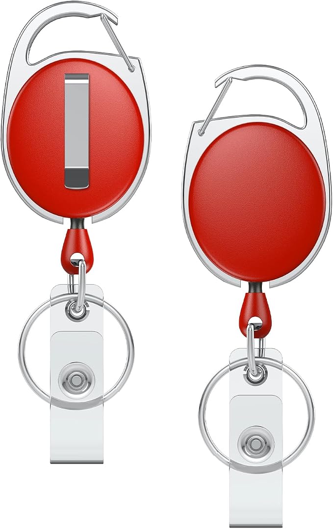 Uniclife 2 Pack Retractable Keychain, Retractable Badge Reel, Heavy Duty Badge Holder Clip for Keys and ID Card, Key Chain Extender with Carabiner Belt Clip and Key Ring, Red