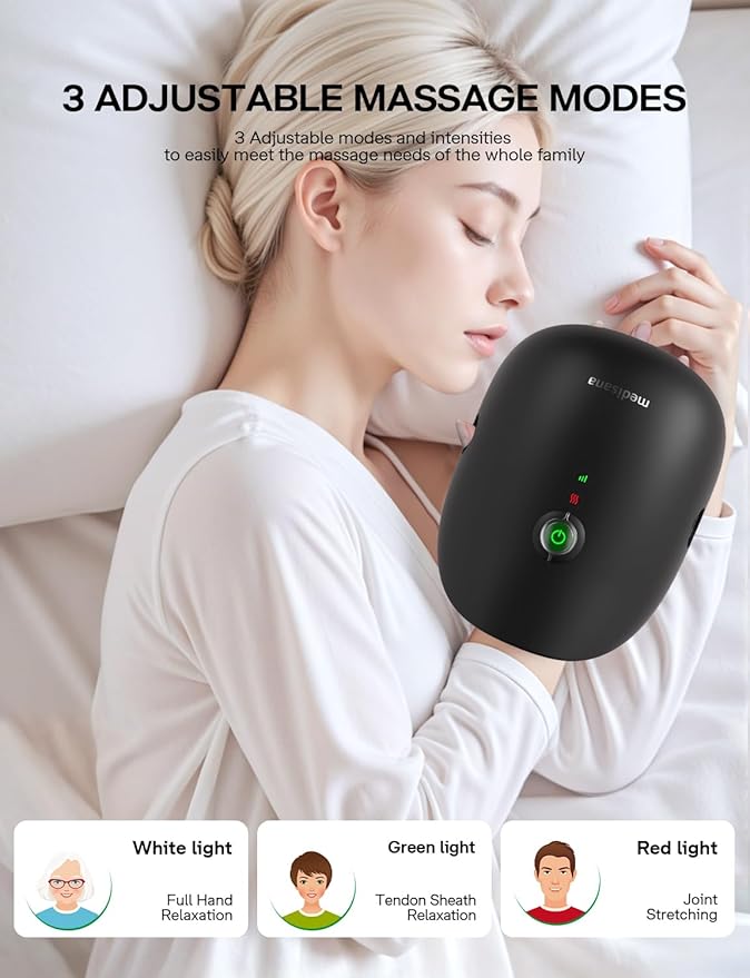Medisana Hand Massager with Heat and Compression, Cordless Hand Massager for Arthritis and Carpal Tunnel Relief, Knuckle Stretching Massage, Birthday Christmas Gifts for Men Women Dad Mom-Black