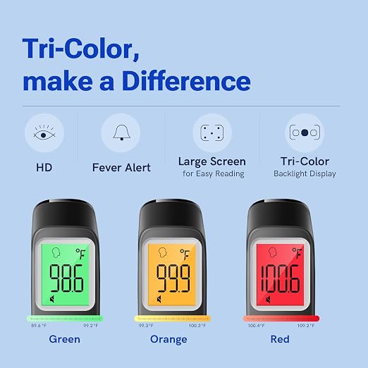 Viproud Touchless Thermometer for Kids and Adults, 1-Second Reading, Black | Large LCD with 3-Color Backlight, Fever Indicator, Mute Mode, Memory Recall, Dule Mode Forehead/Object, for All Ages