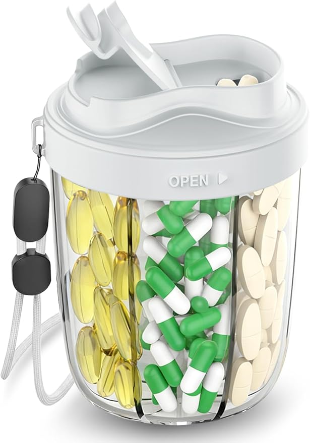 Large Pill Dispenser to Store 7 Various Supplements - Pill Organizer & Supplement Organizer for Travel, Anti-Mixing Design, with Strap & 20 Sticky Labels（Light Gray）