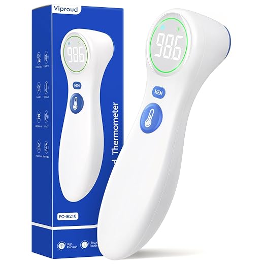 Viproud No-Touch Thermometer for Kids and Adults, 1-Second Reading | Forehead & Object Mode, Fever Indicator, Large Clear LED, Silent Mode, Home Medical, Nurse Accessories, Lifetime Support