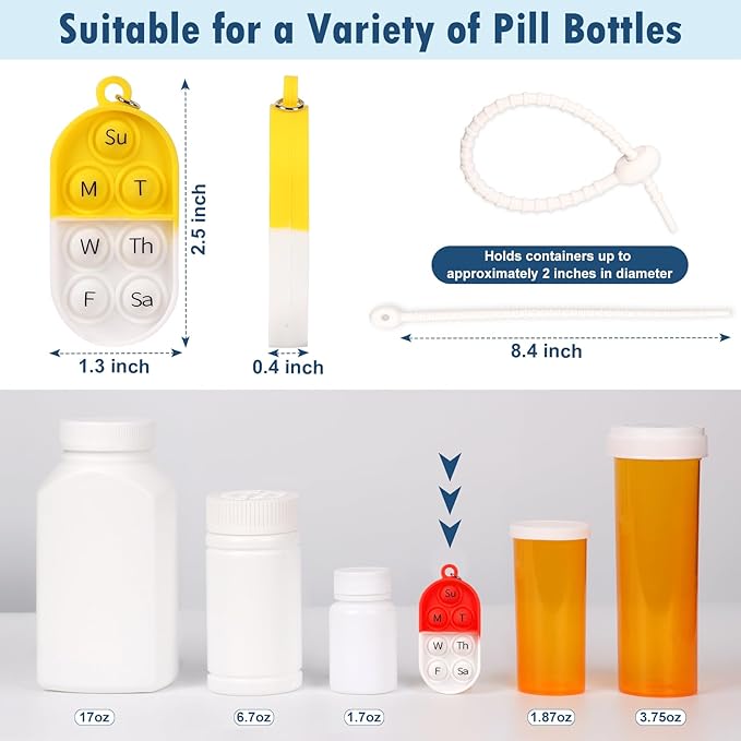 3 Pack Pill Reminder Medication Pill Tracker Bottle with Ties Reusable Daily Medication Tracker Portable with Button 7 Day Memory Aid Medication Dose Silicon for The Elderly Red Yellow Blue(3)