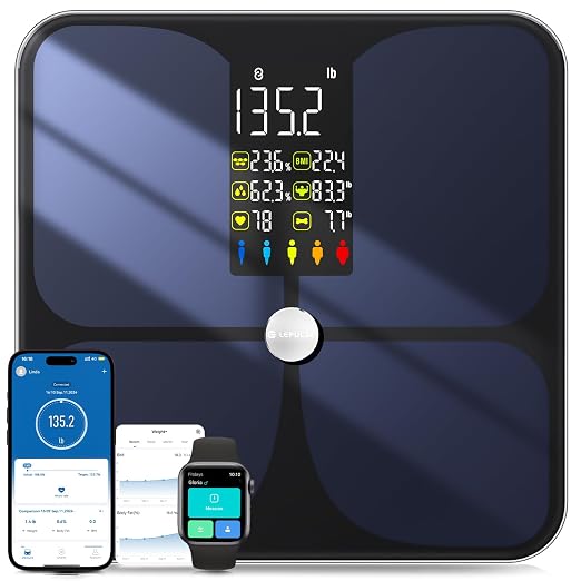 Lepulse Scale for Body Weight, Smart Digital Bathroom Weight Scale with BMI Body Fat Muscle Mass, 20 Body Composition Metrics,4.68"Large Display, Heart Rate, Accurate Bluetooth Weighing Scale with App