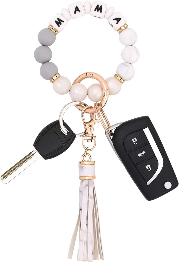 BAOSIWA Silicone Beaded Bracelet Keychain Wristlet Key Ring Bangle Chains for Women with Leather Tassel