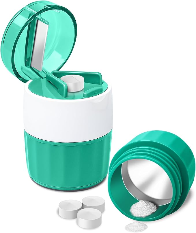 Pill Crusher Fine Powder - Cotatoc 3-in-1 Pills Grinder with Stainless Steel Grinding Pestle, Portable Pill Cutter and Crusher for Elderly and Pets (Cyan)