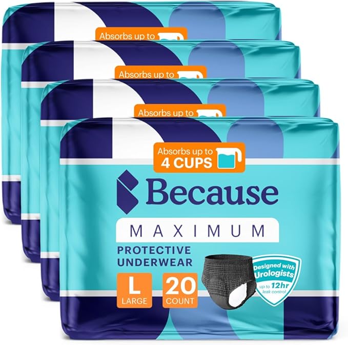 Because Premium Maximum Absorbency Adult Incontinence and Postpartum Bladder Leak Underwear for Women, Heavy Absorbency, Disposable, Black, Large, 80 Count (4 Packs of 20)