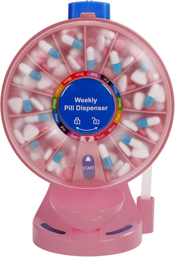 Pink Pill Organizer with No-Flip Design for Women to Take Daily Vitamins | One-Touch Button Pill Container with Med Cup & Tweezers for Medicine Hygienic, Free-Standing or Wall-Mounted for Medicine