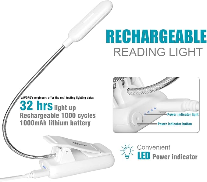 VAVOFO Book Light, Rechargeable Clip On Reading Light 7 LEDs with 9 Brightness Levels for Bed and Desk Studying (White 2-Pack)