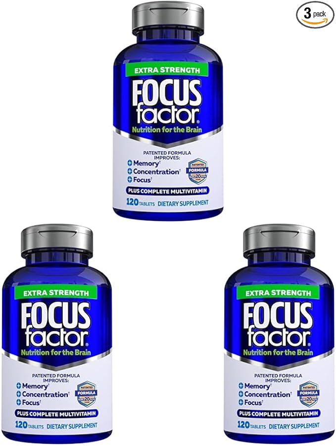 Focus Factor Adults Extra Strength, 120 Count - Brain Supplement for Memory, Concentration and Focus - Complete Multivitamin with DMAE, Vitamin D, DHA - Trusted Health Vitamins (Pack of 3)