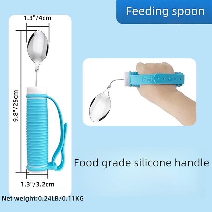 Tremors Elderly Assistance Products,Spoon and Fork Three Piece Set,Handicap Accessories for Daily Living,Adaptive Equipment with Blue Handle Belt,Aids for Living,Eating Utensils Sets.