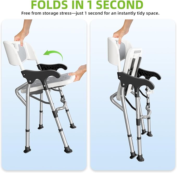 3-in-1 Shower Chair for Seniors, Foldable Bedside Commode, Height Adjustable Raised Toilet Seat with Removable Bucket, Padded Arms & Back Support for Elderly, Adults, 400 lbs Capacity (White)