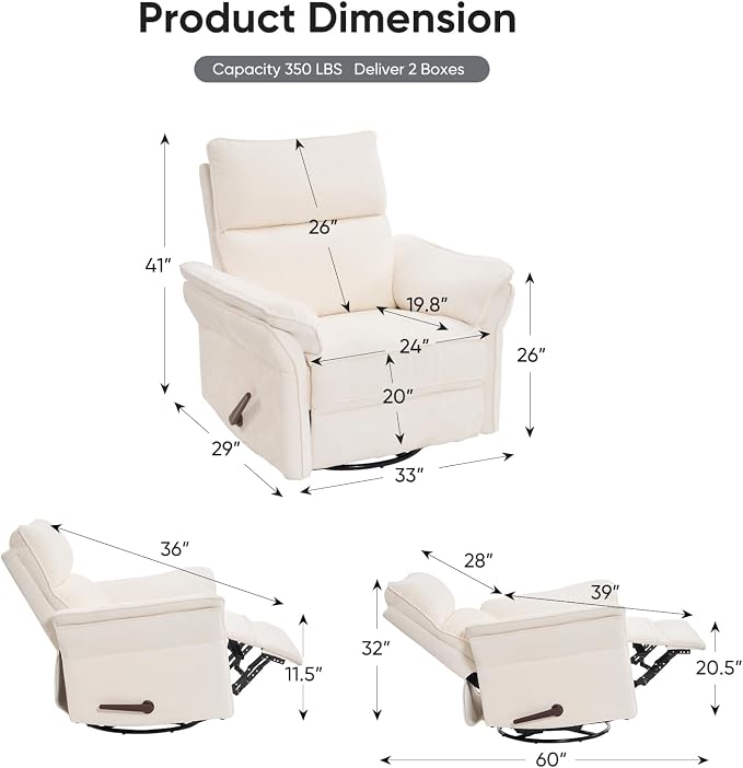 Oversized Recliner Chair, 24" Extra Wide 360° Swivel Rocker Recliner with Adjustable Headrest, Chenille Glider Rocking Nursery Chair with Overstuffed Armrest, Lumbar Support, White