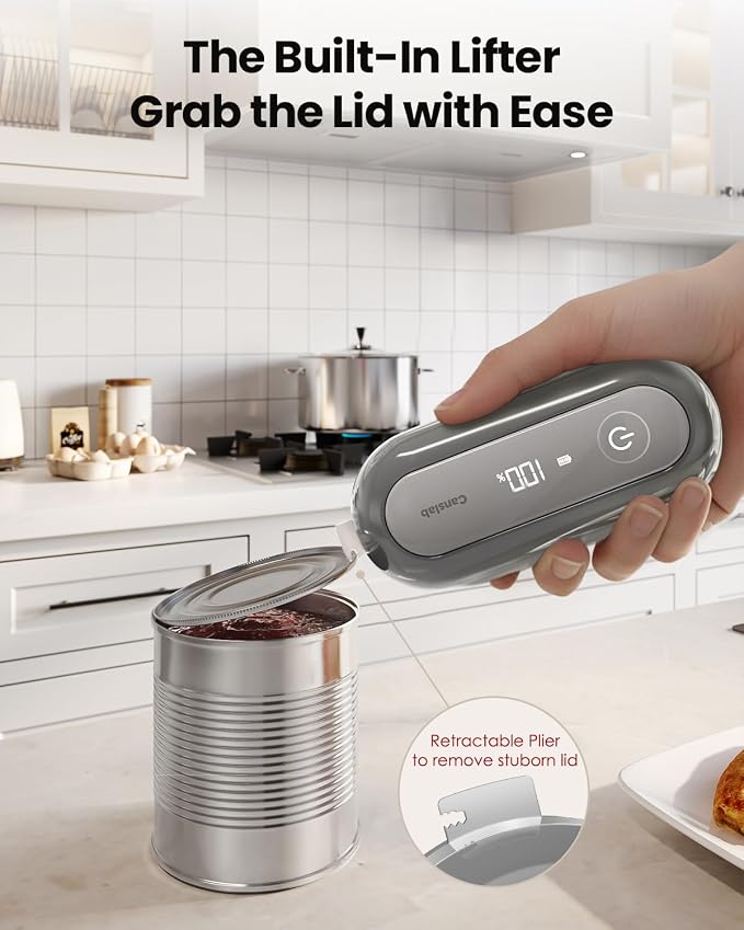 Canslab Retro Rechargeable Electric Can Opener, LED Battery Track&Auto Stop | True One-Touch Operation, Wall-Mountable Small Size, Side Cut Smooth Edge, USB Rechargeable, for Seniors with Arthritis, Grey