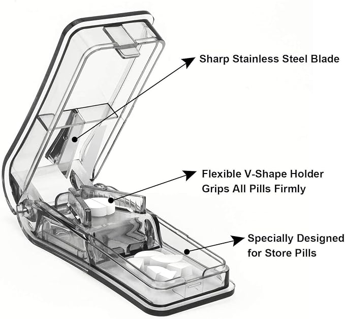 Pill Cutter for Small or Large Pills. The Best Multiple Pill Splitter Ever! Design in The USA. Doubles as a Pill Box. Not Suitable for Tiny Pills. Keychain Pill Holder As a Bonus. (Gray)