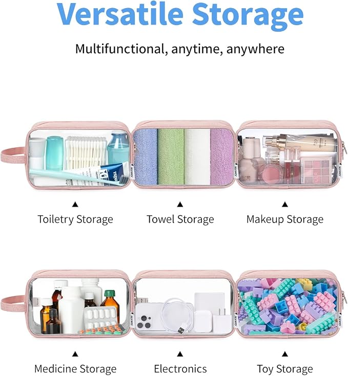 Narwey Clear Travel Toiletry Bags for Traveling Toiletries Men Women, Clear Makeup Bag Cosmetic Bag with Zipper, Make Up Pouch Organizer Bag with Handle, Skincare Beach Snack Medicine Bag, Pink