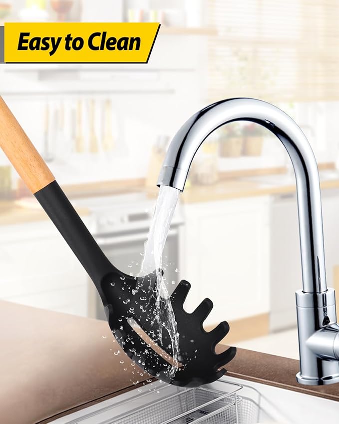 Silicone Pasta Fork and Ladle Spoon Set with Wooden Handle, Heat Resistant Non Stick Kitchen Utensils for Cooking, Stirring, Serving Spaghetti, Soup, Sauce(BLACK)