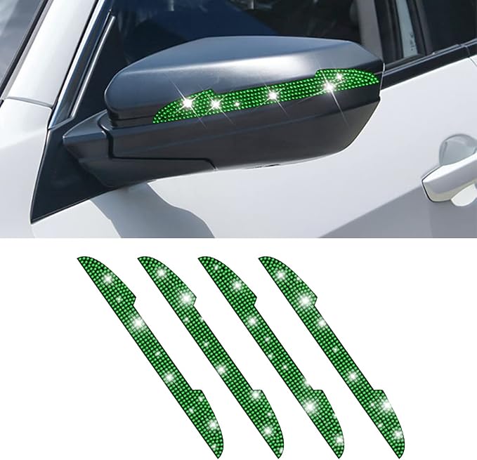 4PCS Bling Car Door Handle Scratch Protector, Green | 5.75x0.39 Inch, Universal fit, side panels/mirror edges, stainless steel, rhinestones, adhesive backing, exterior accessories
