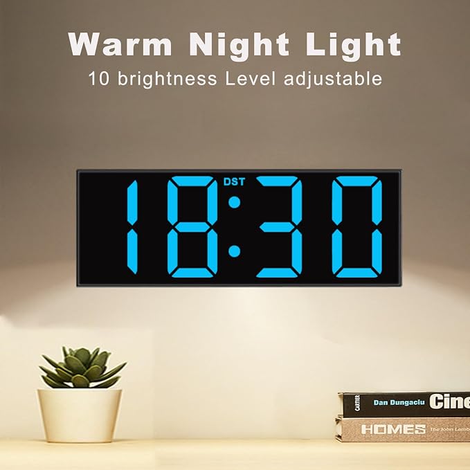 JALL 12" Large Digital Wall Clock, Big LED Number Dispaly, DST, Night Light for Classroom, Living Room, Bedroom, Mounted, Birthday Xmas Gift for Senior, Mem Womem Mom Dad, Blue