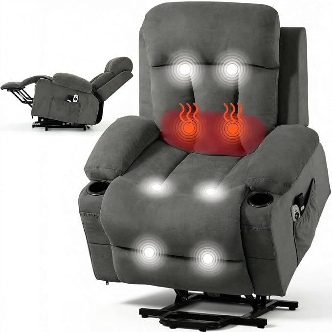 Power Lift Recliner Chair for Elderly, Electric Lift Chair with Vibration Massage and Lumbar Heat, Reclining Chair with USB Charging Port, Cup Holders, Ergonomic Sofa for Living Room, Grey