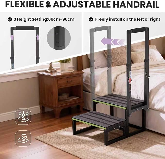 2 Step Stool with Handle for Elderly,Bed Steps for High Beds for Adults,Seniors,Heavy Duty Step Stool with Adjustable Handrail/Removable Cover/Glow Strip for Bathtub,Kitchen,RV