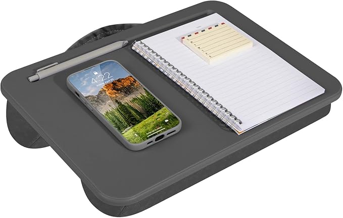 LAPGEAR Compact Lap Desk – Charcoal, Fits 14" Laptops | Microbead Cushion, Built-In Pencil Slot, Carry Handle, Fits Standard Letter-Size Paper (8.5" × 11")