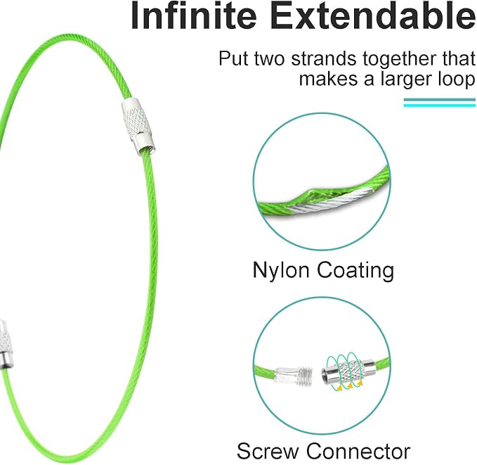 CooBigo 12 Pack Stainless Steel Loops 2mm Coated Wire Keychain Cable Large Key Rings 6 inch Key Chain for Women, Luggage Tags, Key Tags, Keyrings, Kitchen Utensils, Duster - Green