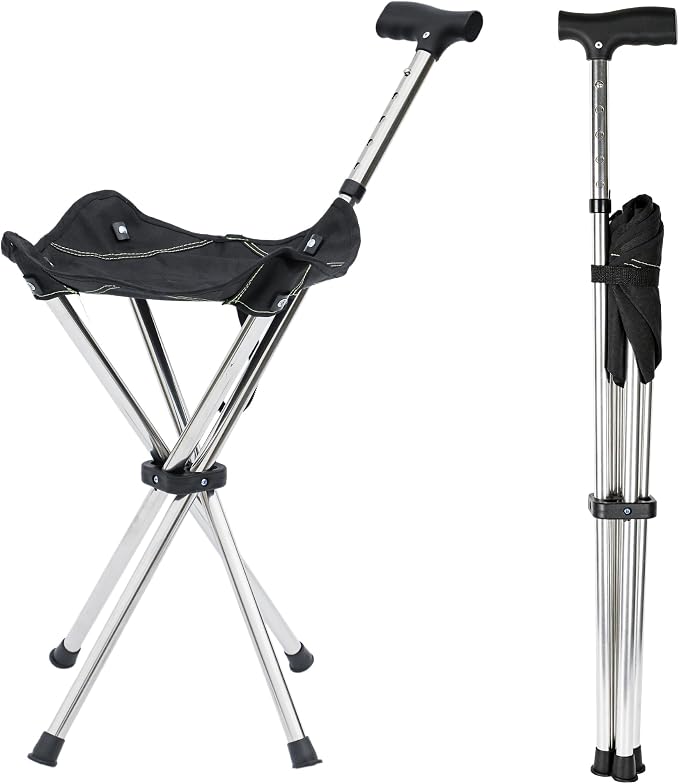 FATTCHIAR Cane with Seat with Light, Cane Chair Adjustable Height Folding Lightweight Walking Stick with Seats, Portable Stool for Adults Seniors