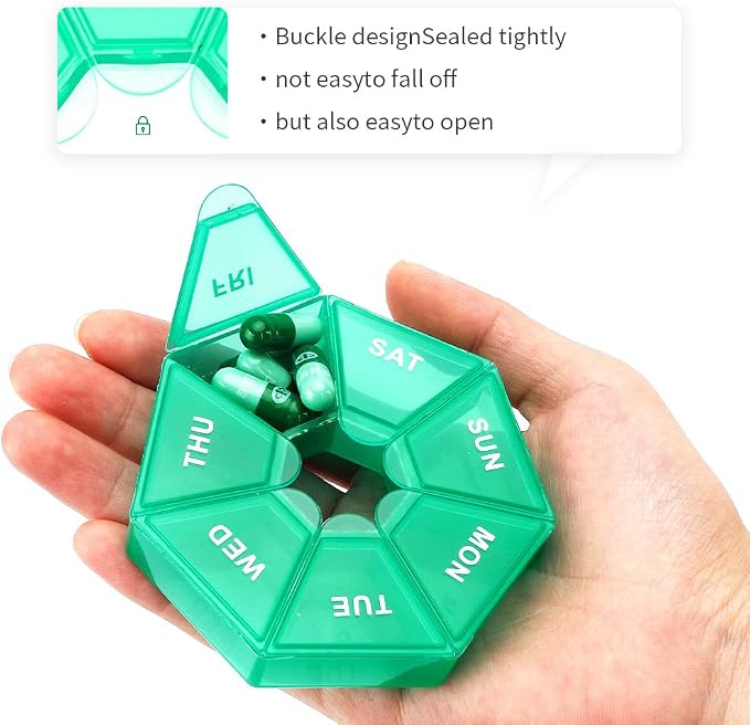 Green Daily Pill Organizer - 7 Day, 1 Time a Day, Travel Pill Box with 7 Compartments