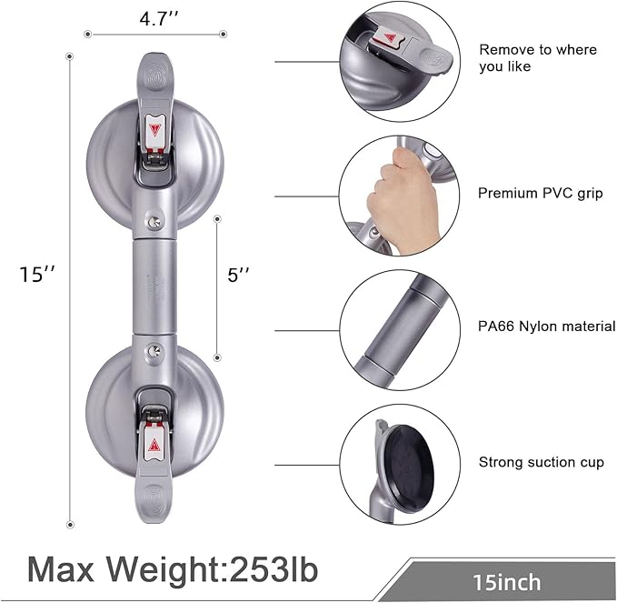 15inch Suction Shower Grab Bar, Portable Shower Handle Bar Suction Grip Bar Bathtub Handle with Strong Suction Cup Fitting and Rapid Release for Bathroom(Max Capacity :300lb