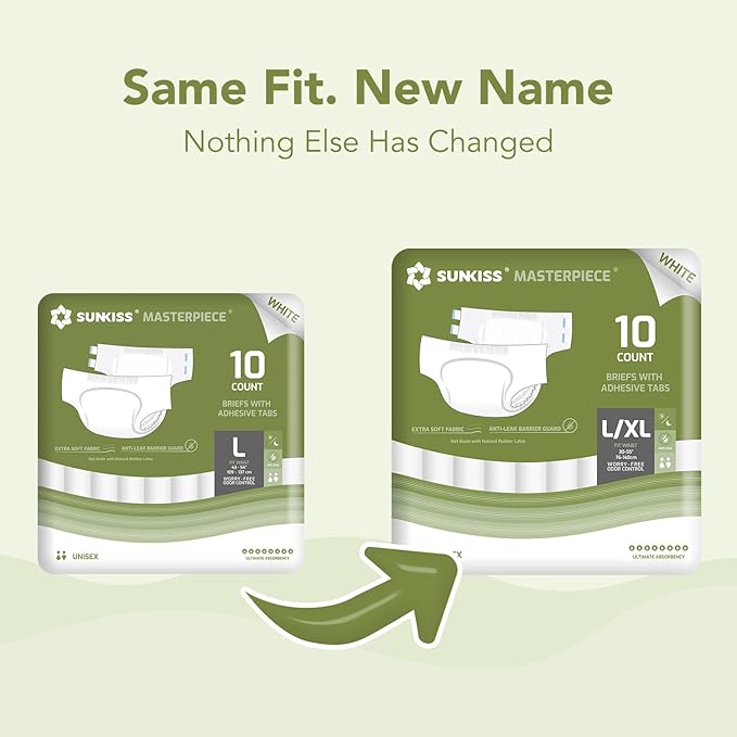 SUNKISS Masterpiece Adult Diapers with Tabs, Unisex Disposable Incontinence Briefs for Women and Men, Odor Control, White, Large/XLarge, Previously Large, 40 Count (4 Packs of 10)