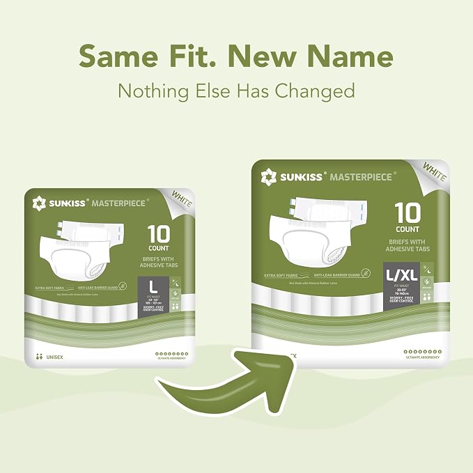 SUNKISS Masterpiece Adult Diapers with Tabs, Unisex Disposable Incontinence Briefs for Women and Men, Odor Control, White, Large/XLarge, Previously Large, 10 Count (Pack of 2)