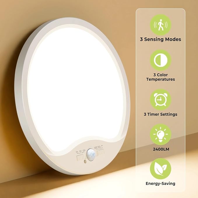 hepside 4 Pack Motion Sensor Ceiling Light Wired, 3000K/4000K/6500K LED Flush Mount Ceiling Light Fixture, 12Inch 24W Motion Sensor Light with Timer for Closet Stair Porch Hallway Pantry,White